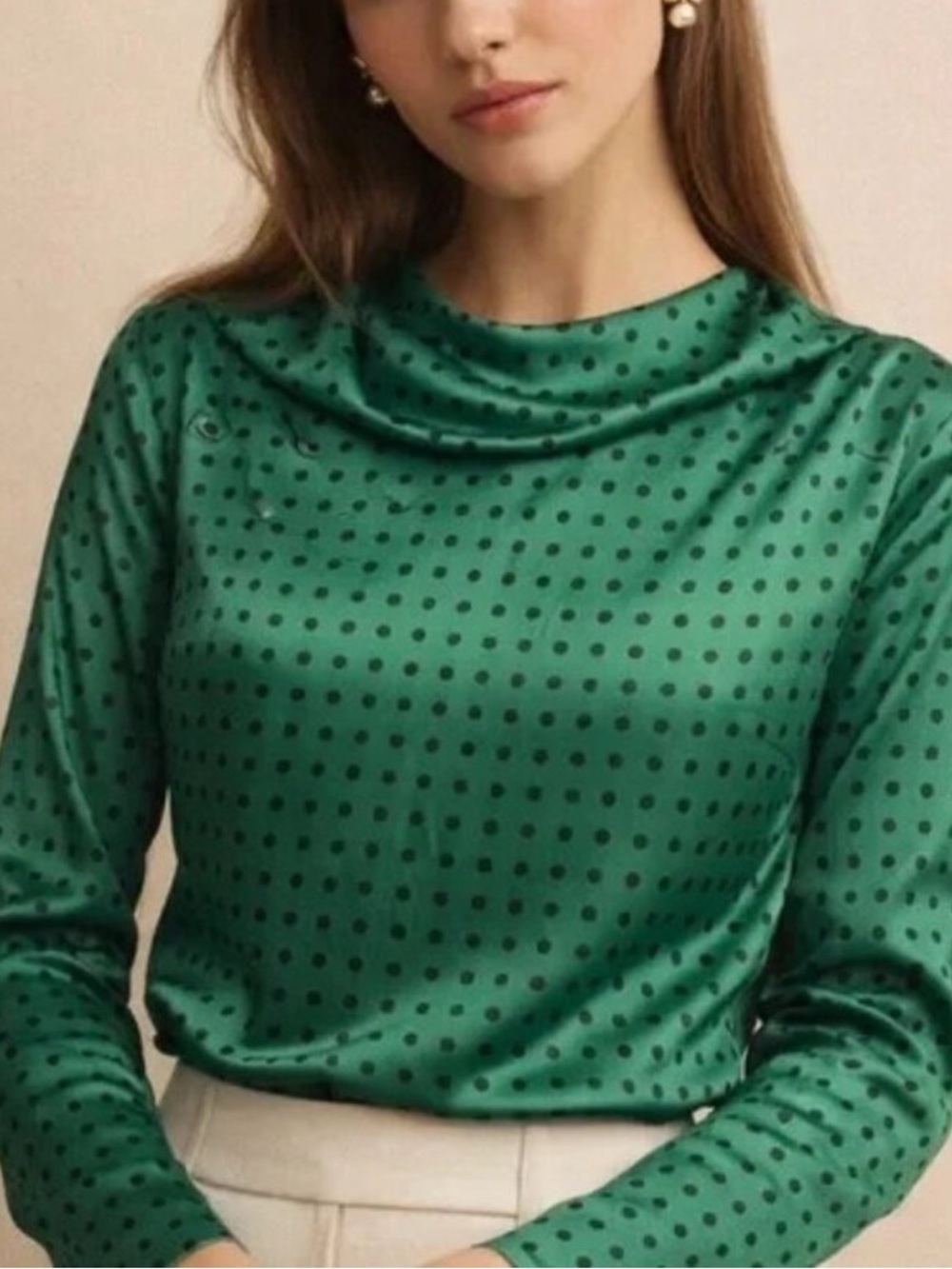 Zara Polka Dot Satin Long Sleeve Blouse in Green/Black